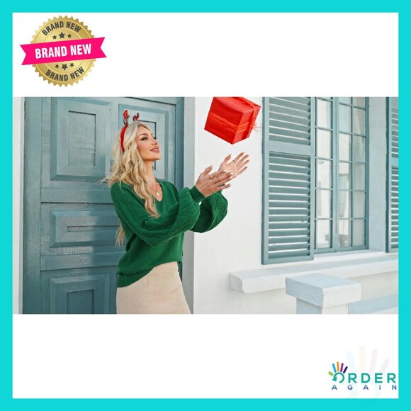 Chunky Knit V-Neck Pullover Sweater Oversized Slouchy Casual Lantern Sleeve - Picture 8 of 8